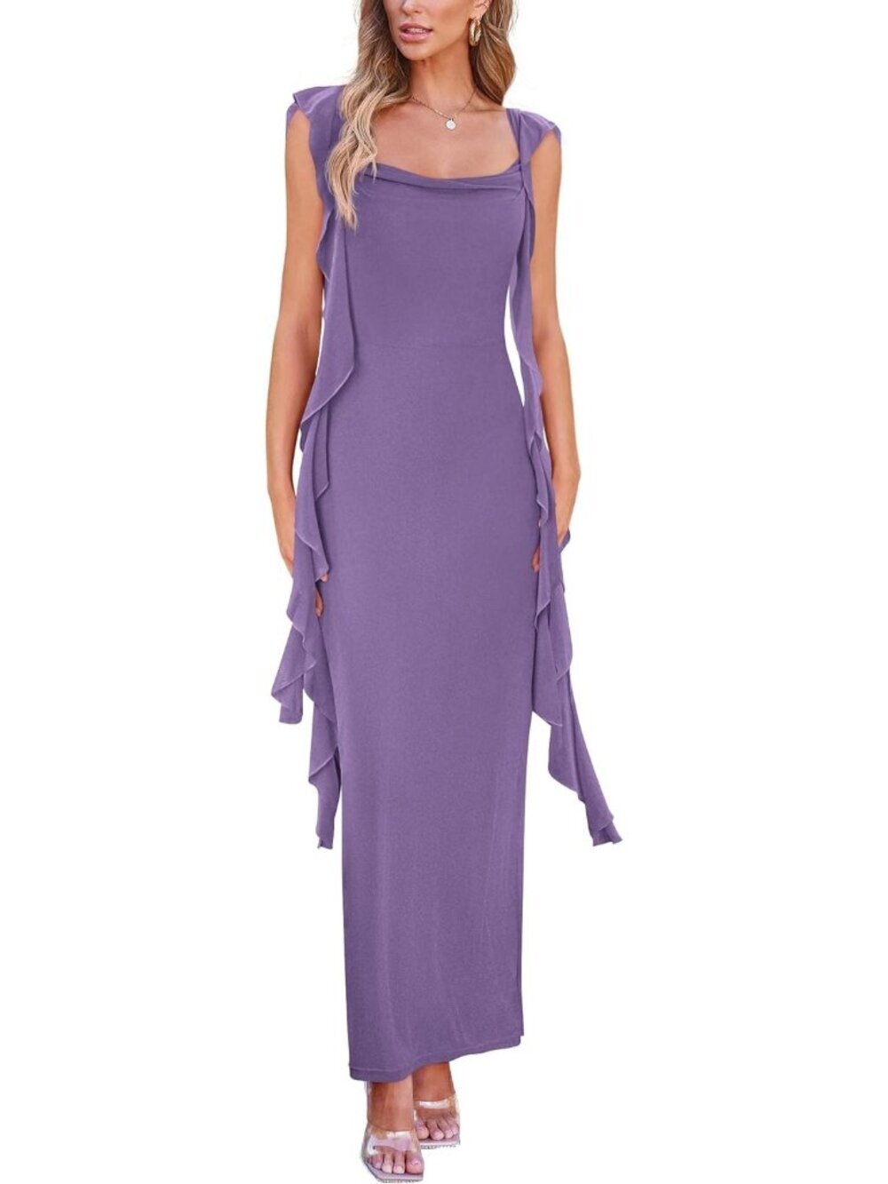 Women's Purple Wedding Guest Dress Sleeveless Ruffle Formal Cocktail Party Maxi